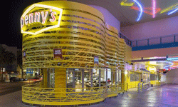 Denny's new flagship store in Las Vegas. Egg-yolk colored strips portray the idea of connectivity.