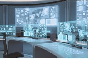 Empty, modern, futuristic command center interior