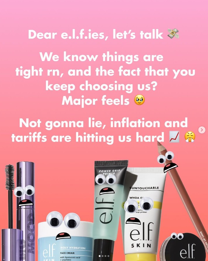 Cosmetic brand E.l.f. announces its blanket $1 price increase on Instagram.