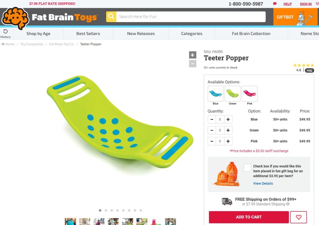 Fat Brain Toys highlights tariff-driven price increases on the product page and shopping cart page. Fat Brain Toys highlights tariff-driven price increases on the product page (above) and shopping cart page (below).
