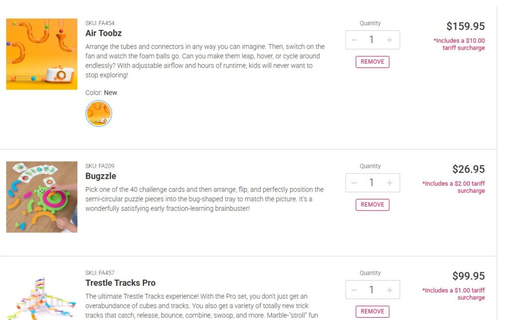 Fat Brain Toys highlights tariff-driven price increases on the product page and shopping cart page.
